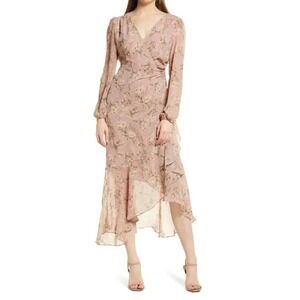 Floret Studios | Floral Surplice Long Sleeve Midi Dress in Dusty Pink Sz S